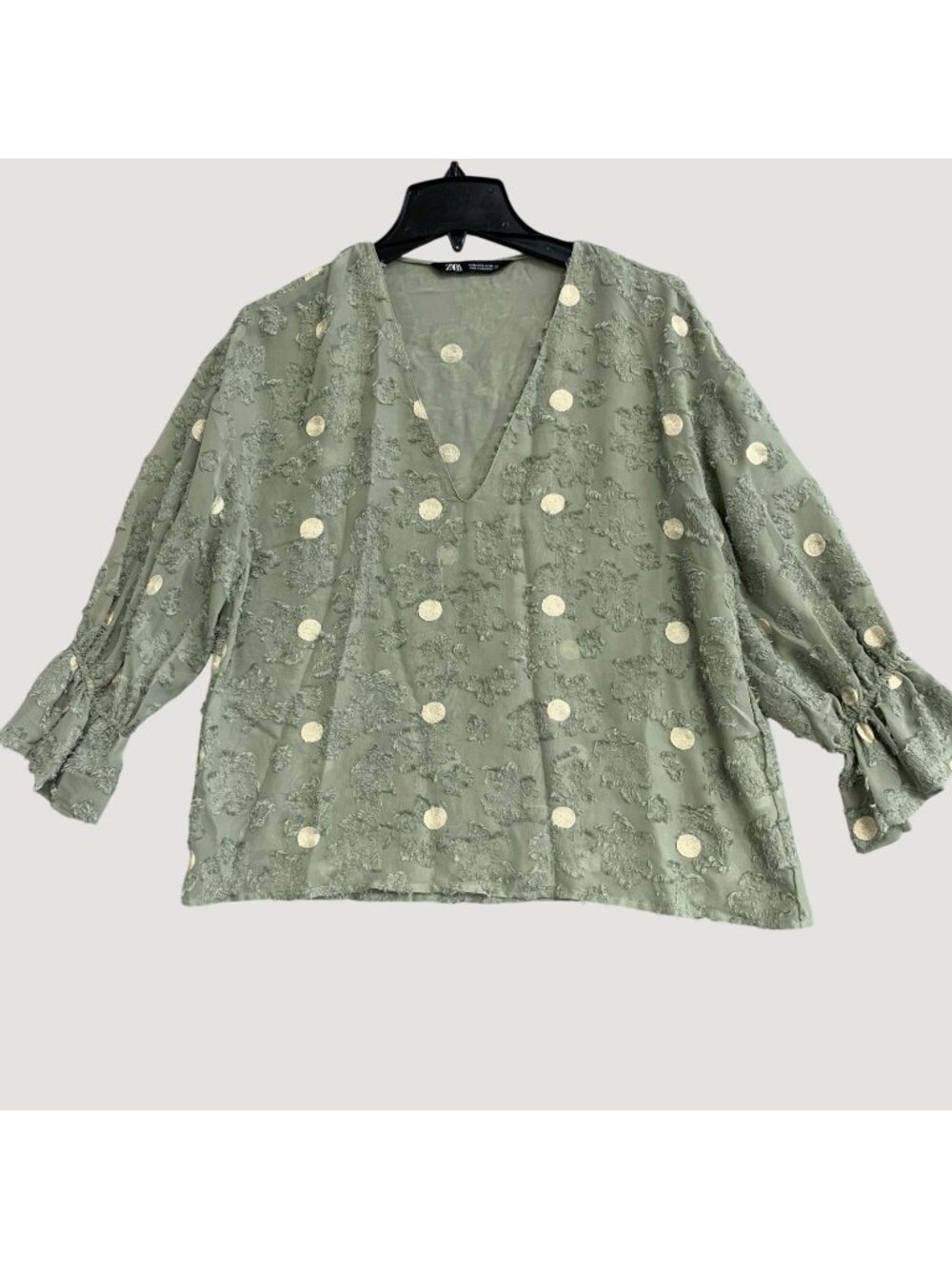 Zara Size S Green Textured Polka Dot V-Neck Blouse Polyester  P0473
